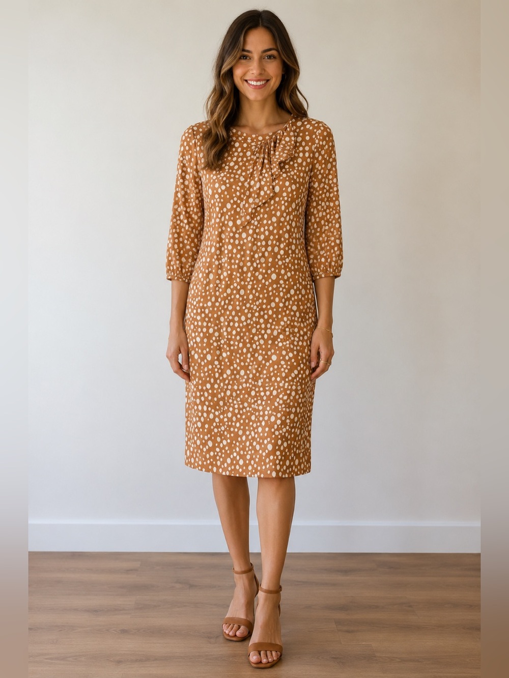 Tucker Silk Butterscotch Polka Dot 3/4 Sleeve Dress Size Small